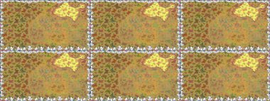 Tekrarlanan karalamalar. Kusursuz renksiz desen. Mistik, semboller. Sarı ve kahverengi arkaplanda el çizimi.