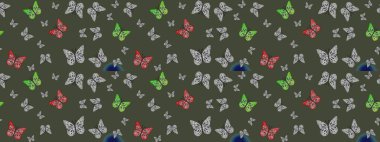 Çizim kalıbı. Kağıt, kumaş ve ambalaj için uygun. Yeşil sevimli arka planda kelebekler. Raster..