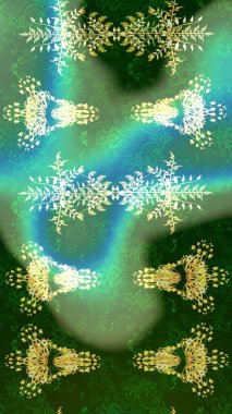 El çizimi, dövme stili karalama, kumaş tasarımı ve Raster illüstrasyonunda kartlar. Çevre yeşili, mavi ve nötr mandala şekilli kar taneleri sanat terapisi tarzı zen çizimi için.