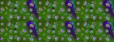 Kar tanelerinin soyut arkaplanlı Noel şablonu. Noel ve yeni yıl moda baskıları için tatil tasarımı. Yeşil ve mor kar taneleri. Raster illüstrasyonu.