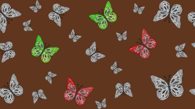 Kahverengi renkli kelebeklerin eskiz arkaplanı. Raster illüstrasyonu. Tekstil, duvar kağıtları, web sayfası arkaplanları, yüzey dokuları için mükemmel.