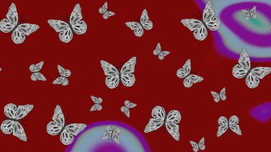 Raster Kelebekleri deseni. Güzel bir kumaş tasarımı. Soyut eskiz arka planı. Kırmızı renkler üzerine resim.