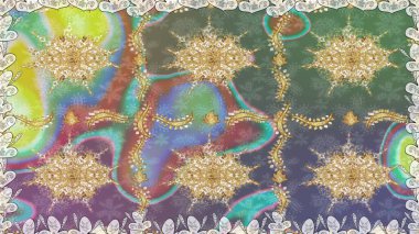 Tarafsız renklerde altın element. Damask arkaplanı tekerrür ediyor. Antika altın tekrarlanabilir duvar kağıdı. Barok tarzında altın çiçek süsü..