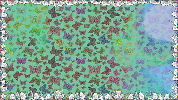 Raster illüstrasyonu. Giysi tarzı için yeşil arka planda dekorasyon. Fantezi renkli resimler koleksiyonu. Tasarım için Raster Kelebekleri. Farklı renkte kelebeklerden arınmış..