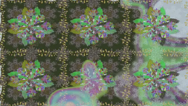 Yeşil renkli çiçekler. Renkli Bahar Temalı Kusursuz Arkaplan. Raster illüstrasyonunda kusursuz çiçek deseni. Düz Çiçek Elementleri Tasarımı.