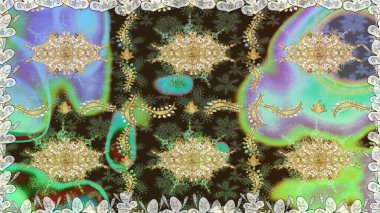 Raster illüstrasyonu. Süslü dekorasyon. Damask altın soyut çiçek yeşil renklerde pürüzsüz desen.