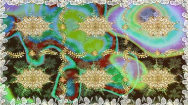 Altın elementlerle yeşil renklerde altın desen. Raster oryantal süs. Kusursuz altın desen.