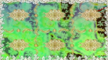 Geleneksel raster ve altın desen. Klasik oryantal desen yeşil renklerden üstündür. Damask pürüzsüz süsü.