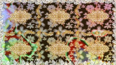 Çiçek desenli altın metal. Raster altın çiçek süsü brokar kumaş ve cam desenli. Kusursuz altın desen. Altın elementli kahverengi renkler.