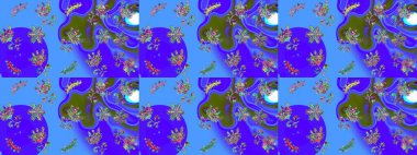 Raster illüstrasyonunda kusursuz çiçek deseni. Çiçekler suluboya tarzında mavi, mor ve yeşil renklerde.