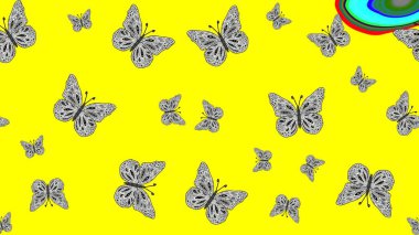 Sarı arka planda renkli bir kelebek. Davetiye, kart ve parmak izi için basit şirin bir model. Kelebeklerle dolu renkli bir halk eskizi çizimi..