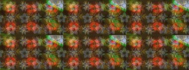 Raster illüstrasyonu. Kar tanelerinin soyut arkaplanlı Noel şablonu. Noel ve yeni yıl moda baskıları için tatil tasarımı. Kahverengi, gri ve yeşil renkler.