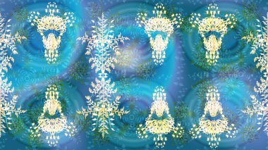 Sanat terapisi tarzı zen çizim için mavi ve nötr mandala şeklinde kar taneleri. El çizimi, dövme stili, kumaş tasarımı ve Raster illüstrasyonunda kartlar..