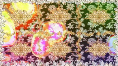 Süslü dekorasyon. Damask altın soyut çiçek nötr renklerde pürüzsüz desen. Raster illüstrasyonu.