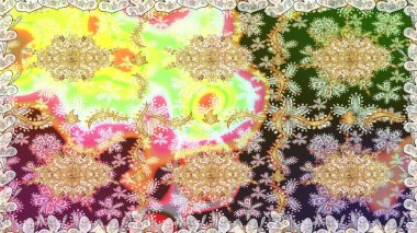 Tarafsız renklerde altın. Doğum günü kartı, davetiye ya da afiş için iyidir. Raster illüstrasyonu. Dekoratif simetri arabesk. Kusursuz ortaçağ çiçek desenleri..