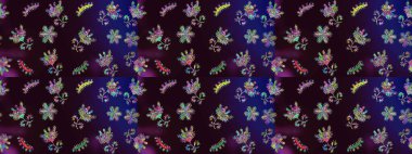 Raster illüstrasyonundaki çiçek desenli çizim. Çiçekler kahverengi, siyah ve mavi renklerde.