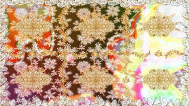 Tarafsız renkler üzerinde klasik oryantal desen. Geleneksel raster ve altın desen. Damask pürüzsüz süsü.