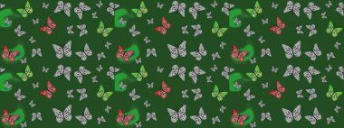 Güzel bir kumaş tasarımı. Raster Kelebekleri deseni. Soyut eskiz arka planı. Yeşil renkler üzerine resim.