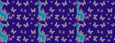 Mavinin üzerinde kelebek bezi şablonu var. Giysiler için böcek kumaşı klipsleri tekrarlanıyor. Davetiye, kart ve parmak izi için basit kadınsı bir model. Uçan kelebek keten temalı Raster illüstrasyonu.