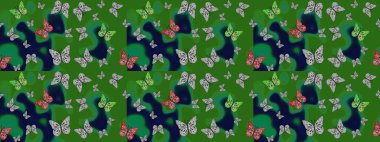 Yeşil arka planda uçan güzel kelebek. Raster. Doğadaki güzellik. Kumaş, tekstil, baskı ve davetiye örnekleri. Çizim deseni.