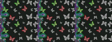 Giysi tasarımı için dekor arka planı. Raster illüstrasyonu. Parmak izi dokuları için sevimli kelebek çizimi deseni. Gri kelebek deseni.