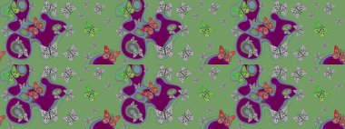 Kumaş, tekstil, baskı ve davetiye için arka plan. Yeşil renkte güzel renkli kelebekler. Çizim kalıbı. Raster illüstrasyonu.