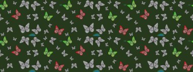 Renkli romantik kelebekler eskizler çiziyor. Elle çizilmiş kelebeklerle. Dekoratif Raster çizimi. Yeşil renklerde soyut arkaplan.