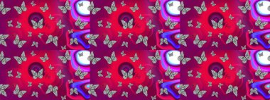 Mor arka planda kelebek. Raster illüstrasyonu. Davetiye, kart ve parmak izi için basit kadınsı bir model. Çizim.