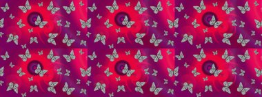 Raster. Mor renkli illüstrasyon. Kıyafetler, erkekler, kızlar ve duvar kağıtları için soyut çizim kalıbı. Kelebekli Raster.