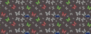 Kahverengi kelebek deseni. Giysi tasarımı için dekor arka planı. Raster illüstrasyonu. Parmak izi dokuları için sevimli kelebek çizim deseni.