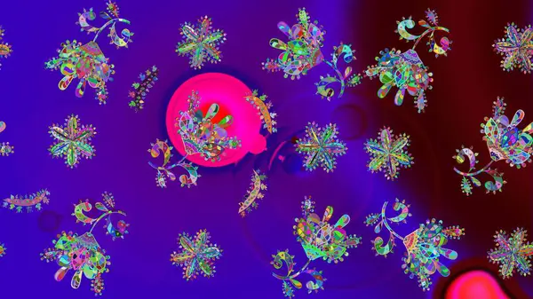 Çok renkli, zarif küçük çiçekler ve mor renkli komik böcekler, raster deseni, illüstrasyon..