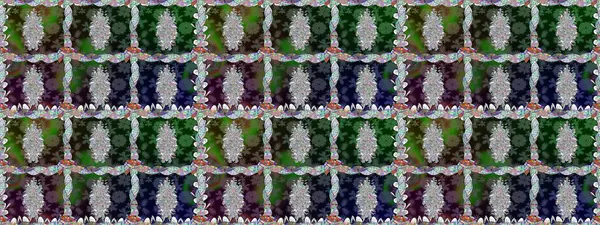 Raster illüstrasyonu. Şirin çiçekli kusursuz desen ve yeşil renkli yapraklar, suluboya çiçek deseni, duvar kağıdı, kart veya kumaş için fayanslı.