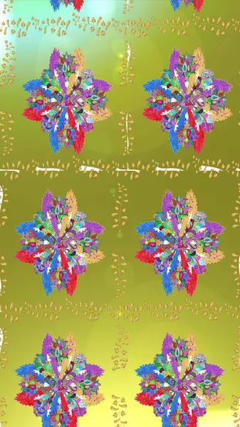 Düz Çiçek Elementleri Tasarımı. Yeşil, sarı ve nötr renklerde çiçekler. Raster Illustrasyon 'daki Çiçek Deseni' nin son moda çizimi. Renkli Yaz Teması çizim şablonu.