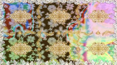 Süslü dekorasyon. Raster illüstrasyonu. Damask altın soyut çiçek nötr renklerde pürüzsüz desen.