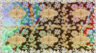 Altın elementlerle nötr renklerde altın desen. Süslü raster dekorasyonu. Barok tarzında duvar kağıdı tasarımı için kusursuz damaske deseni arkaplanı.