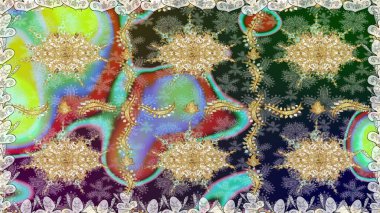 El yapımı dekoratif çerçeve, albüm kapağı, tebrik kartı, klasik Art deco tarzı. Raster soyut çiçek çelengi altın karalama fantezi yaprakları ve tarafsız renklerde çiçek.