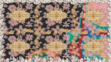 Antika altın tekrarlanabilir duvar kağıdı. Damask pürüzsüz yineleme kalıbı. Barok tarzında altın çiçekli süs. Gri renklerdeki altın element.