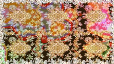 Doğu tarzında klasik tasarım öğesi. Kahverengi renkli geleneksel Arap dekoru. Duvar kâğıdı için altın süslü bir illüstrasyon. Çiçekli süslemeli, pürüzsüz bir desen. Süslü dantel iz sürücü.