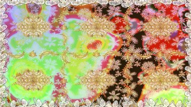 El yapımı dekoratif çerçeve, albüm kapağı, tebrik kartı, klasik Art deco tarzı. Raster soyut çiçek çelengi altın karalama fantezi yaprakları ve tarafsız renklerde çiçek.