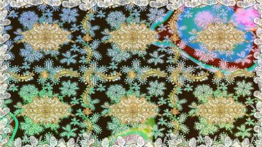 Altın antika ortaçağ dekoratifi, yapraklar ve tarafsız renklerde altın desenli süslemeleri olan dikişsiz bir şablon. Kusursuz kraliyet lüksü, altın barok kumaş rengi..