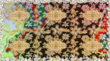 Çiçek süsü kumaş deseni, cam, altın elementlerle kahverengi renklerde çiçek desenli metal. Klasik raster altın pürüzsüz desen.