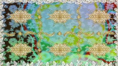 Geleneksel raster ve altın desen. Damask pürüzsüz süsü. Klasik oryantal desen mavi renkler üzerinde.