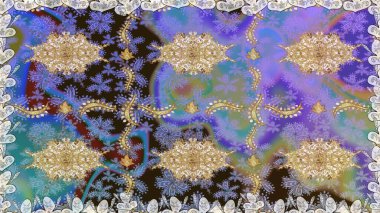 Mor renklerdeki altın desenli altın elementler. Raster geleneksel oryantasyon süsü. Kusursuz klasik altın desen.