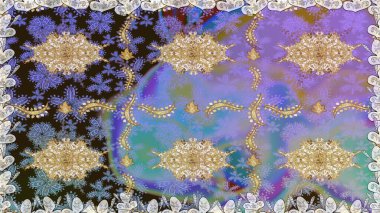 Geleneksel raster ve altın desen. Damask pürüzsüz süsü. Menekşe renkleri üzerinde klasik oryantal desen.