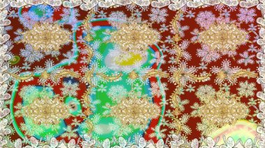 Kusursuz damaske klasik altın desen. Raster illüstrasyonu. Tarafsız renklerde altın rengi ve altın elementler üzerinde altın pürüzsüz desen. Tekrarlayan ögelerle soyut arkaplan Raster.