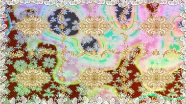 Raster illüstrasyonu. Tarafsız renklerde altın rengi ve altın elementler üzerinde altın pürüzsüz desen. Tekrarlayan elementlerle soyut arkaplan oluşturun. Kusursuz, klasik altın desen..