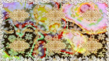 Süslü dekorasyon. Damask altın soyut çiçek nötr renklerde pürüzsüz desen. Raster illüstrasyonu.