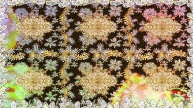 Kusursuz ortaçağ çiçek deseni. Dekoratif simetri arabesk. Doğum günü kartı, davetiye ya da afiş için iyidir. Kahverengi renklerde altın. Raster illüstrasyonu.