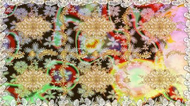 Tarafsız renklerdeki altın desenler ve altın elementler. Lüks, kraliyet ve Viktorya dönemi konsepti. Raster klasik barok çiçeksiz altın desenli. Süsleme.