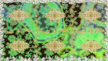 Doğu tarzı element. Altın desenli çiçek dekoru. Davetiyeler, kartlar, web sayfası için Raster illüstrasyon. Yeşil renklerdeki altın element. Çizgi sanatı tasarım şablonu için sınırsız sınır.